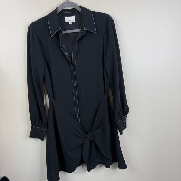 Cinq a Sept Gaby Tie Front Shirt Dress Womens 6 Black Mini Button Front - Picture 8 of 13